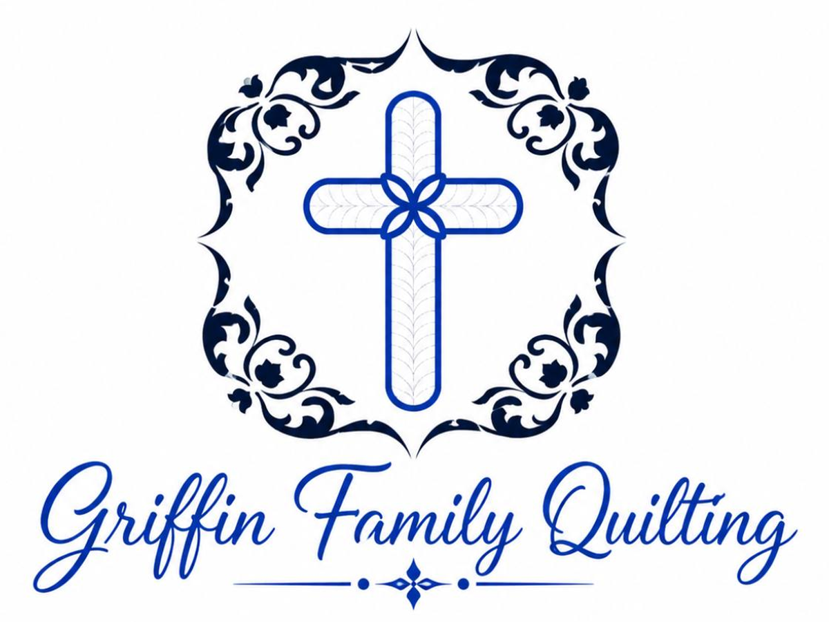 Griffin Family Quilting logo with blue cross, floral border, and script lettering