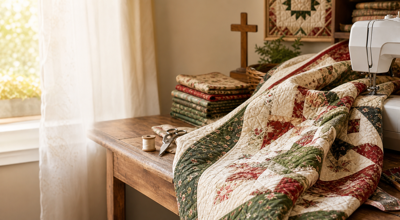 A handmade quilt beside quilting tools in a warm studio